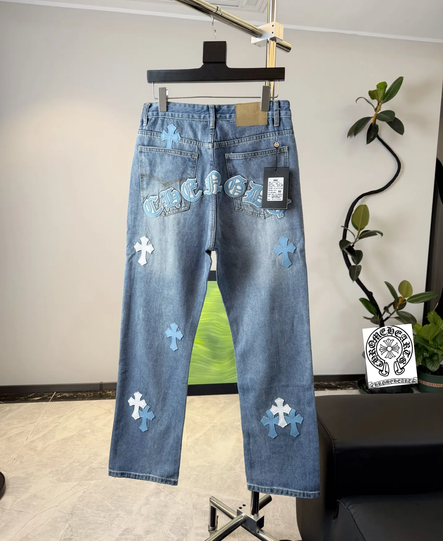 P280 Style number: D316 Chrome Hearts washed blue leather jeans Size# 28 30 32 34
